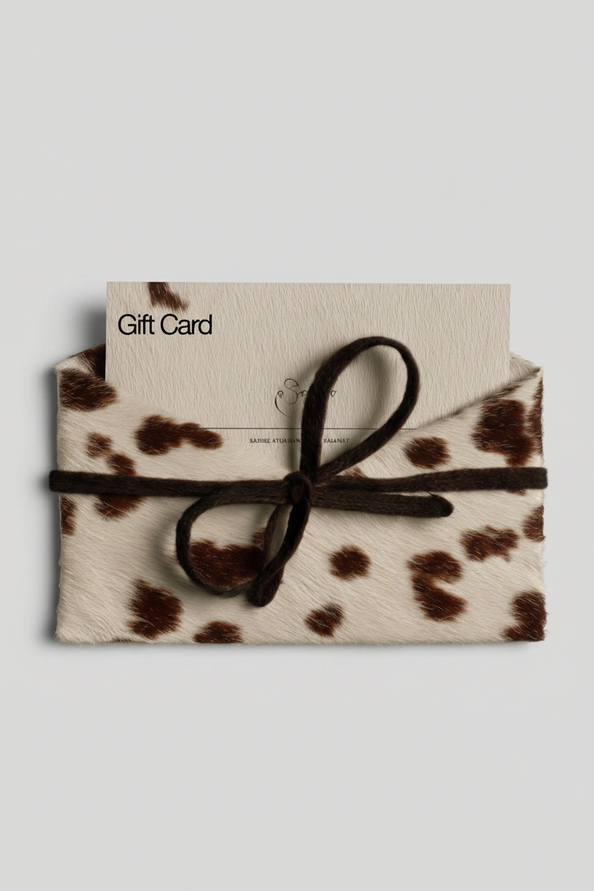 Gift card in a brown and white cowhide envelope with a black ribbon on a light gray background